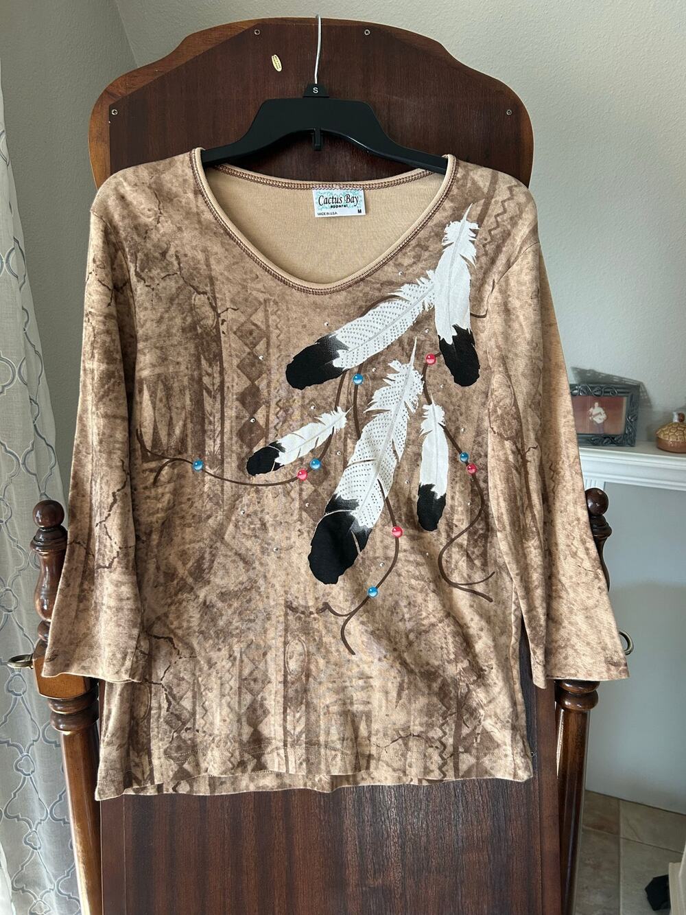 Cactus Bay Apparel 3/4 sleeve top Southwestern-style white black feather medium